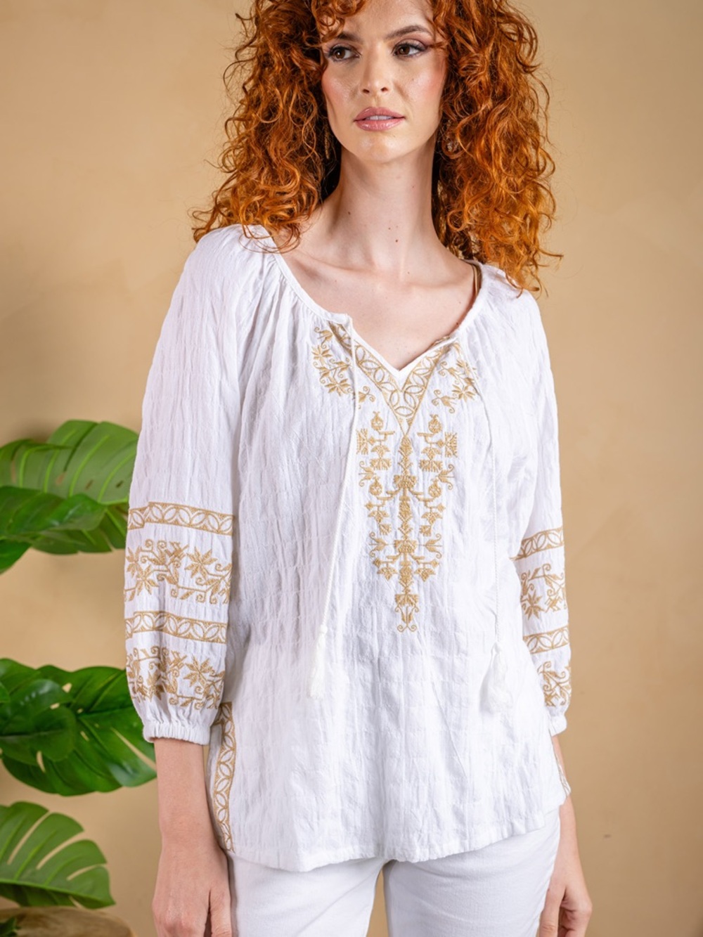 White Tunic Top with Gold Embroidered V-Neck